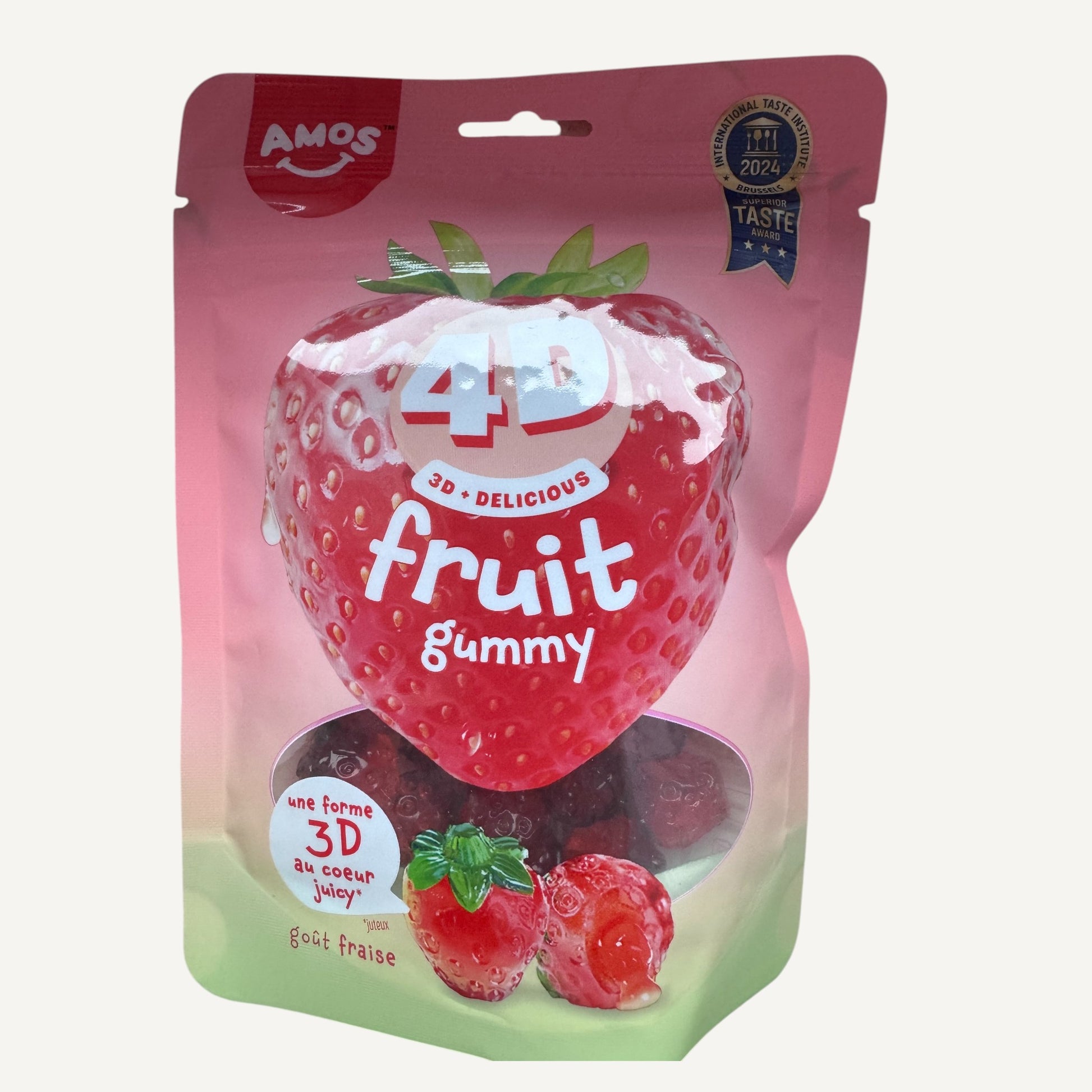 AMOS 4D Fruchtgummi Erdbeere mit flüssiger Kern – ( 120 g ) - Kemberly® GmbH