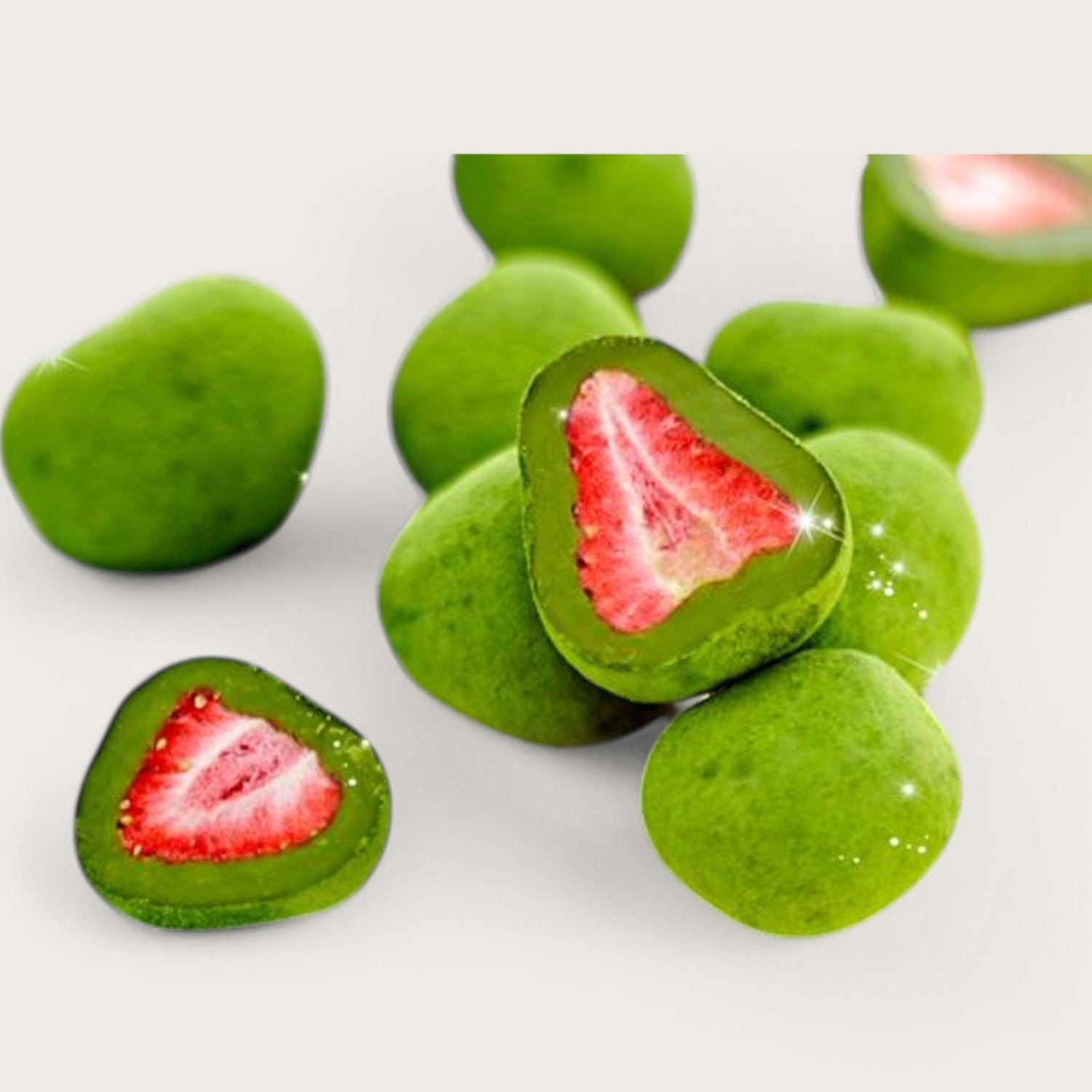 Gefriergetrocknete Erdbeeren mit weißer,- Zartbitterschokolade und Matcha - Kemberly® GmbH